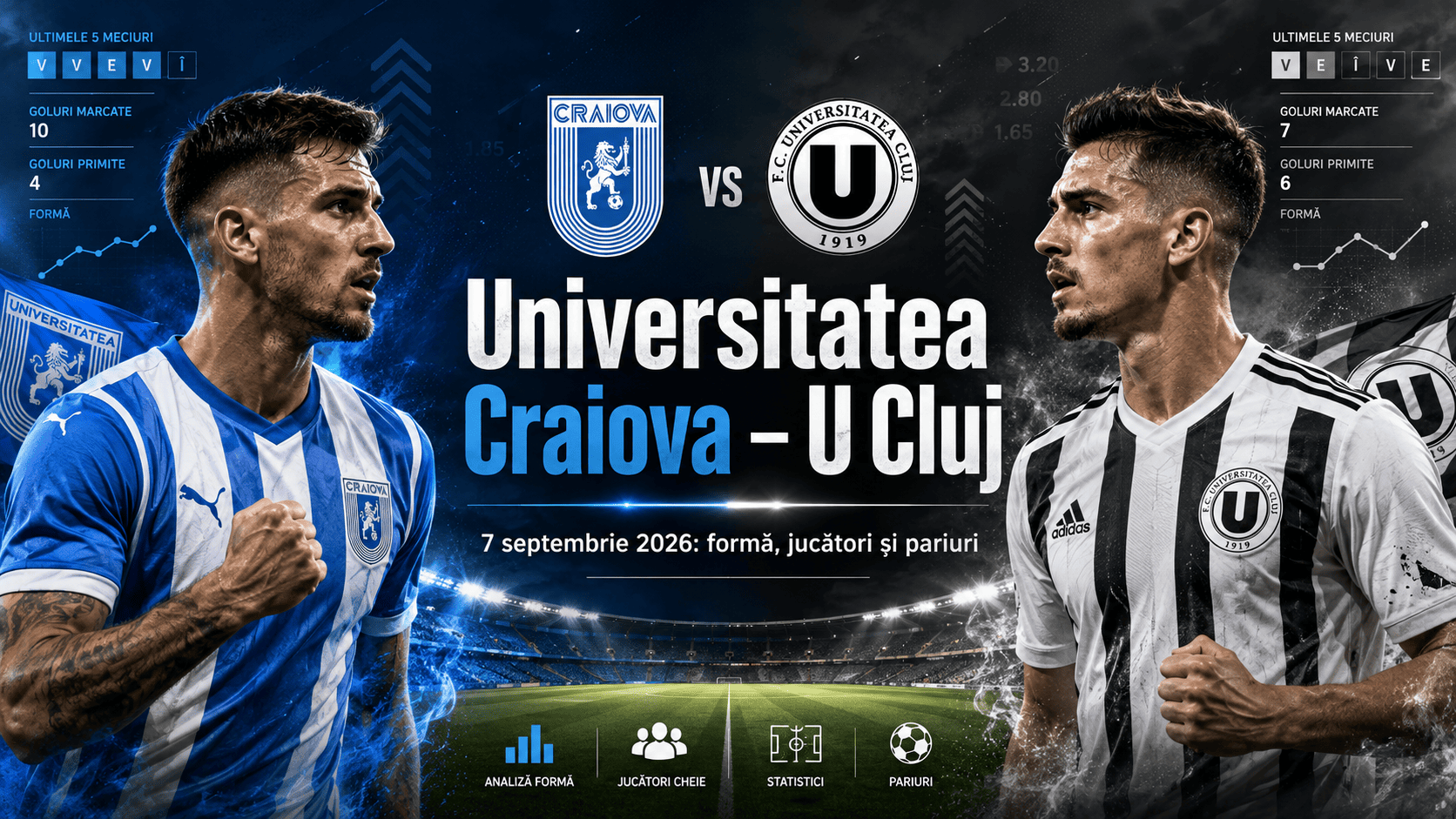 Universitatea Craiova – U Cluj, 7.09.2026: formă, jucători și pariuri