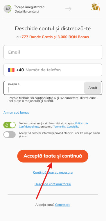 luck casino registration step 1