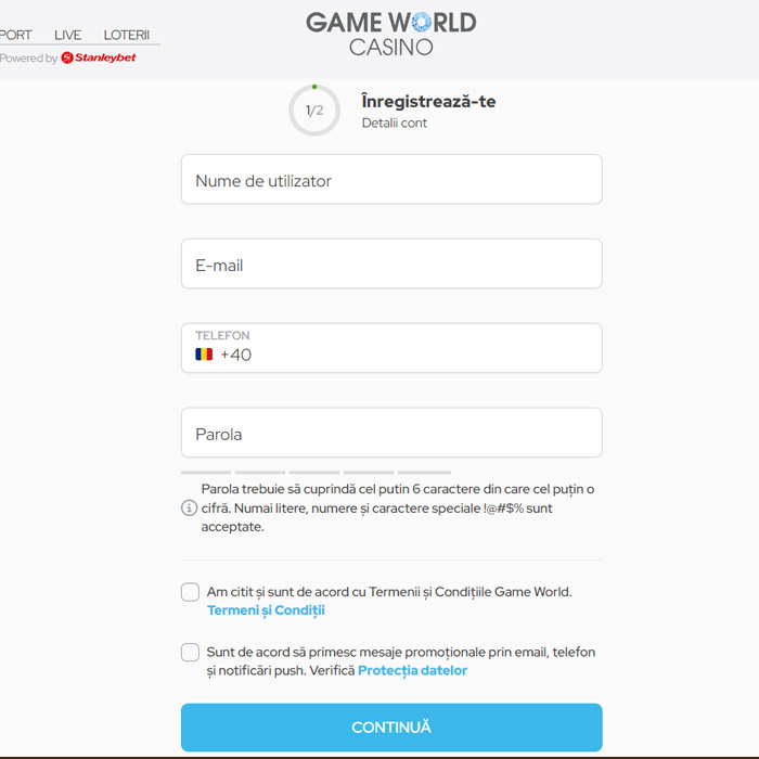 înregistrare gameworld casino